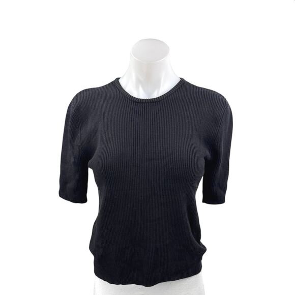 Jones New York Black Silk Short Sleeve Ribbed Knit Crew Neck Sweater Top Size M - Picture 1 of 3